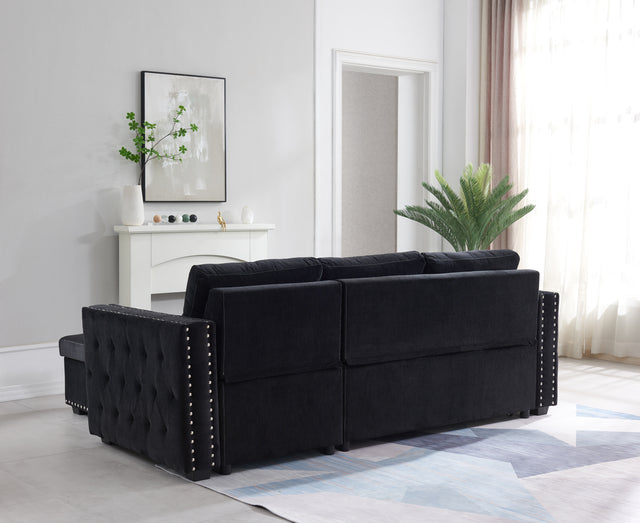 Sectional sofa with pulled out bed, 2 seats sofa and reversible chaise with storage, both hands with copper nail, BLACK, (91" x 64" x 37")
