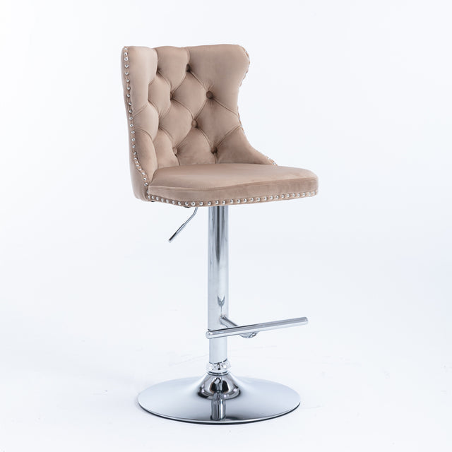 A&A Furniture,Swivel Velvet Barstools Adjusatble Seat Height from 25-33 Inch, Modern Upholstered Chrome base Bar Stools with Backs Comfortable Tufted for Home Pub and Kitchen Island(Khaki,Set of 2)