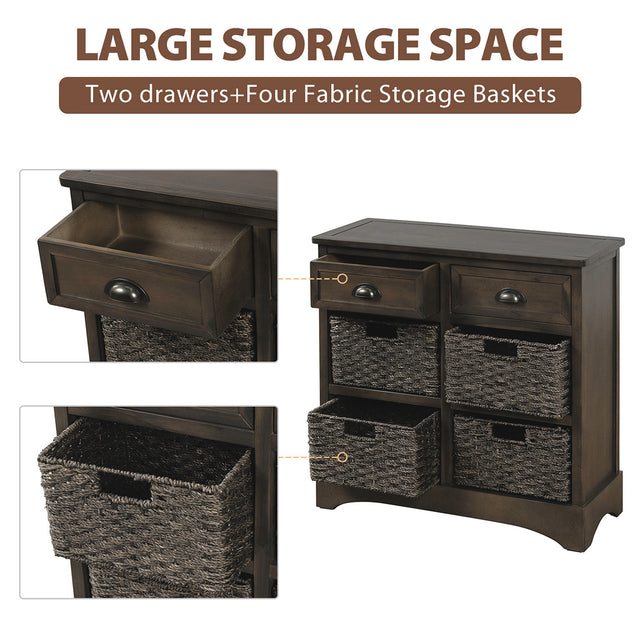 TREXM Rustic Storage Cabinet with Two Drawers and Four Classic Rattan Basket for Dining Room/Living Room (Brown Gray)