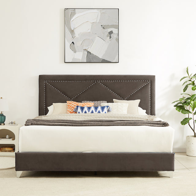 B109 King bed .Beautiful brass studs adorn the headboard, strong wooden slats + metal legs with Electroplate