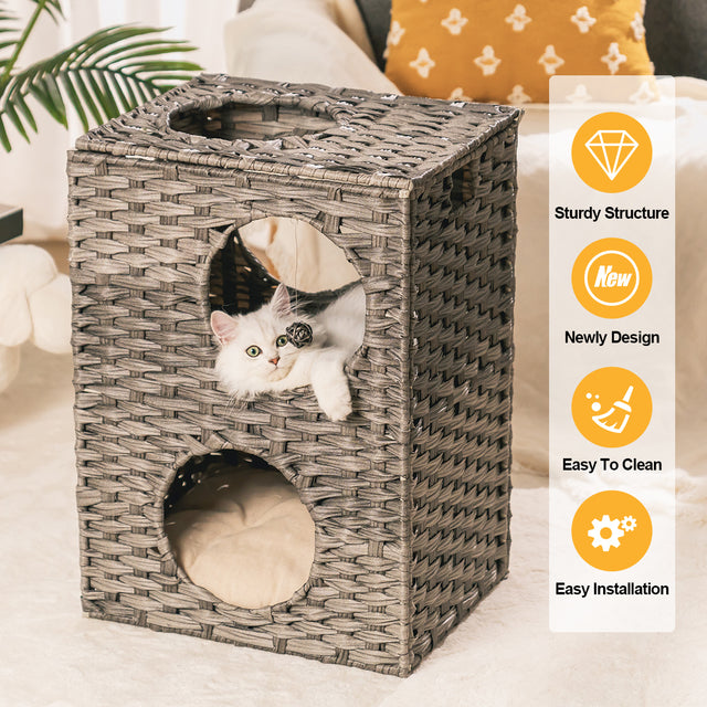 Rattan Cat Litter,Cat Bed with Rattan Ball and Cushion,Grey
