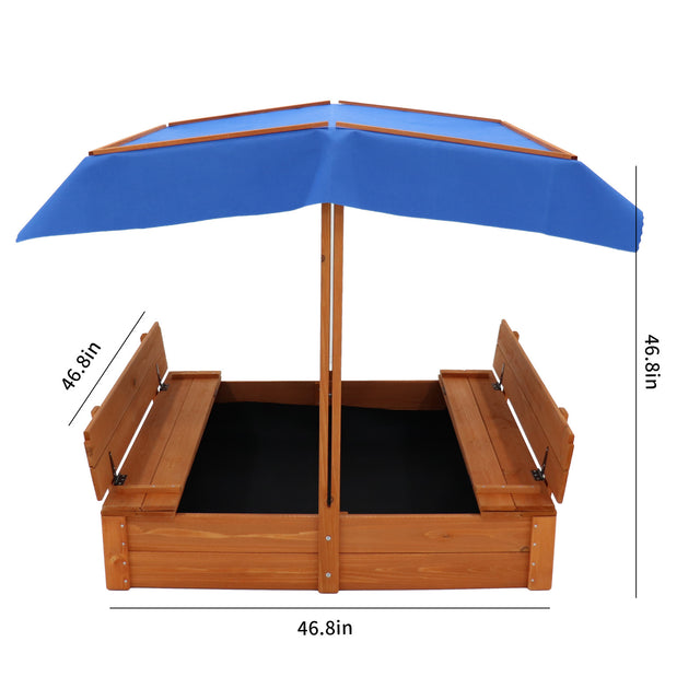 Wood Sandbox with Cover, Sand Box with 2 Bench Seats for Aged 3-8 Years Old, Sand Boxes for Backyard Garden, Sand Pit for Beach Patio Outdoor (Natural Wood)