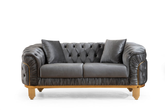Vanessa Loveseat Livingroom Set in Grey and Gold with Fabric button-tufted velvet upholstery Finish