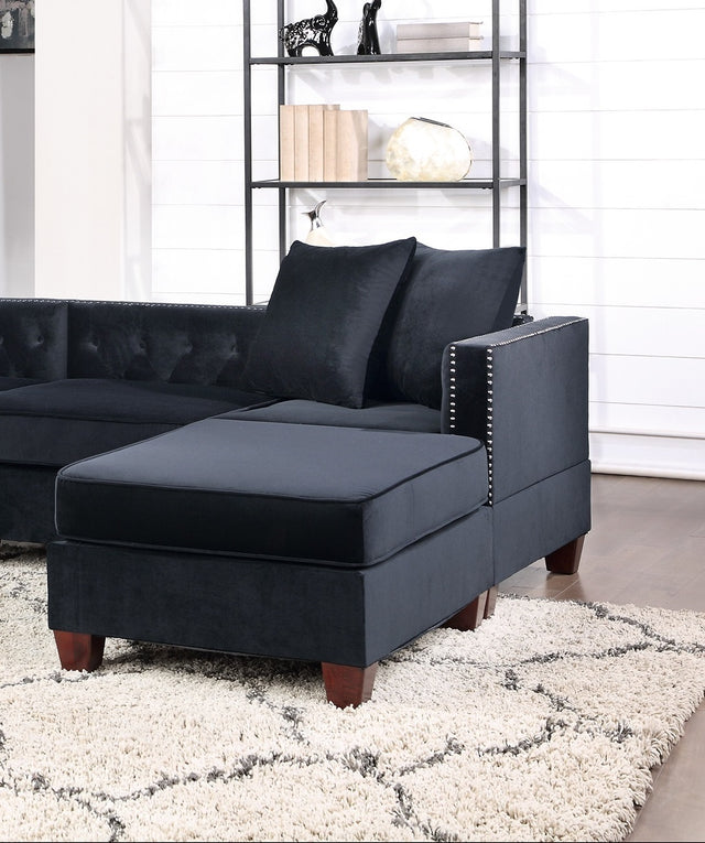 Black Velvet Fabric Sectional 2x Reversible L/R Chaise and 2x Ottomans Plywood Couch Living Room Furniture