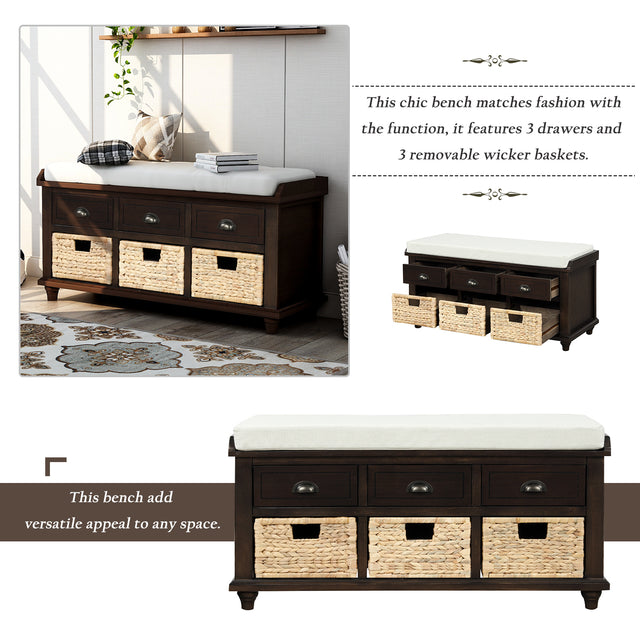 TREXM Rustic Storage Bench with 3 Drawers and 3 Rattan Baskets, Shoe Bench for Living Room, Entryway (Espresso)