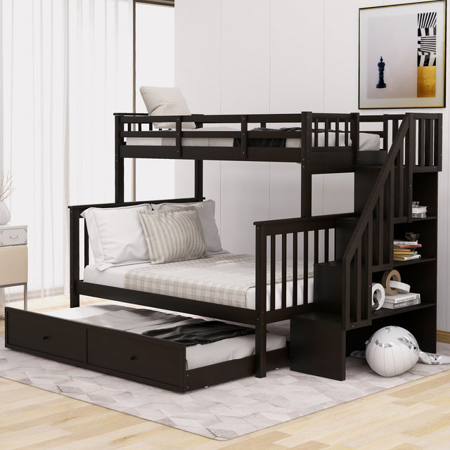 Stairway Twin-Over-Full Bunk Bed with Twin size Trundle, Storage and Guard Rail for Bedroom, Dorm, for Adults, Espresso (OLD SKU :LP000119AAP)