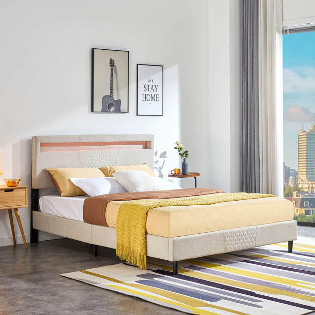 King Size Bed Frame, Modern Upholstered Platform Bed Frame with LED Lights and Height Adjustable Headboard, No Box Spring Needed/Easy Assembly/Pack in 1-Box/Noise-Free (Off white, King)