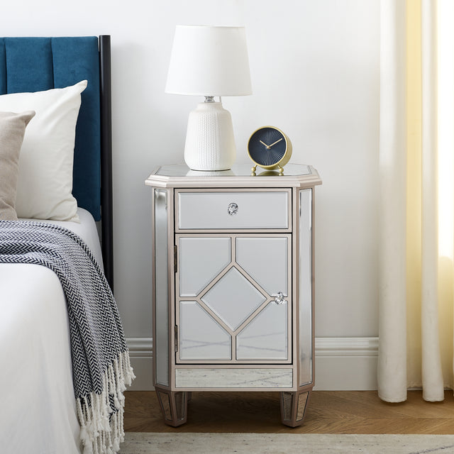 Champagne color mirror single pull single door small side cabinet, multi -function bedside cabinet