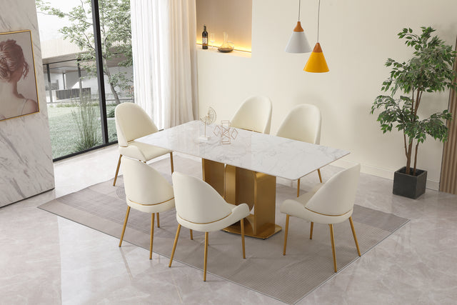 71" Contemporary Dining Table in Gold with Sintered Stone Top and U shape Pedestal Base in Gold finish with 6 pcs Chairs .