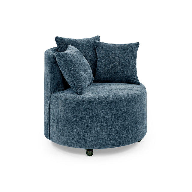 Modern Chenille Upholstered Swivel Backrest Chair for Living Room, with Movable Wheels, Including 3 Pillows, Navy