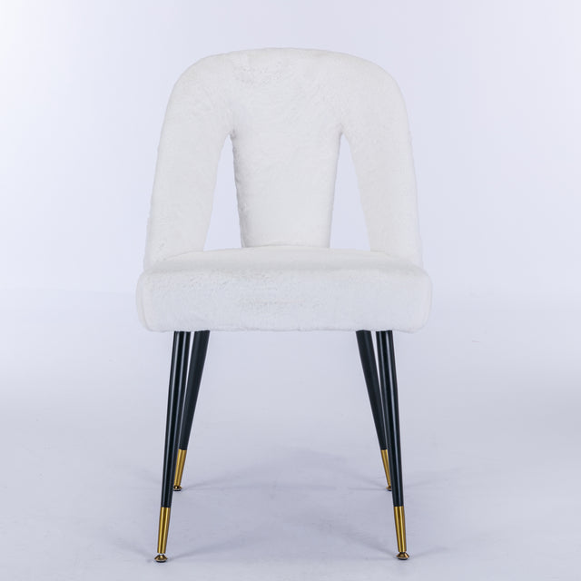 A&A Furniture,Akoya Collection Modern | Contemporary Rabbit Fur Fibre Upholstered Dining Chair with Nailheads and Gold Tipped Black Metal Legs, Cream White,Set of 2