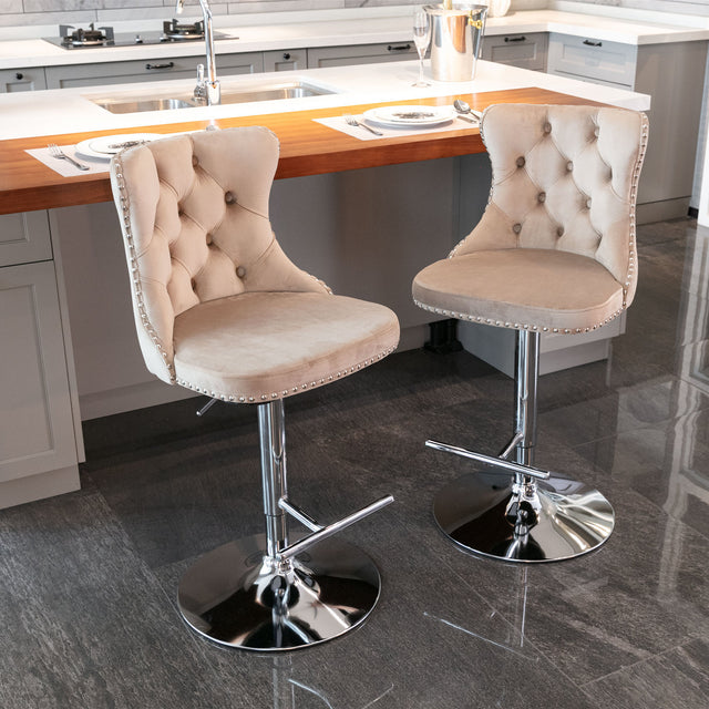A&A Furniture,Swivel Velvet Barstools Adjusatble Seat Height from 25-33 Inch, Modern Upholstered Chrome base Bar Stools with Backs Comfortable Tufted for Home Pub and Kitchen Island(Khaki,Set of 2)