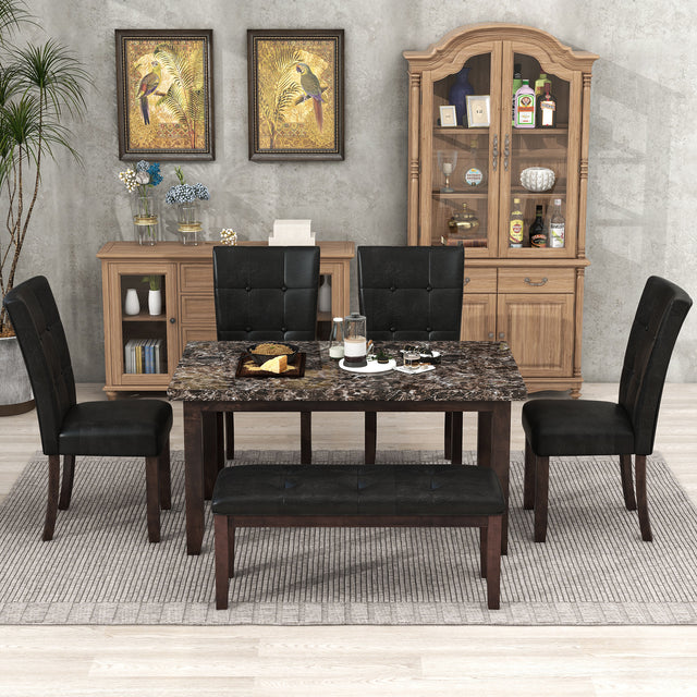 6-piece Faux Marble Dining Table Set with one Faux Marble Dining Table ,4 Chairs and 1 Bench, Table: 60”x38”x 30”,Chair: 20.2”x28.5”x39”, Black