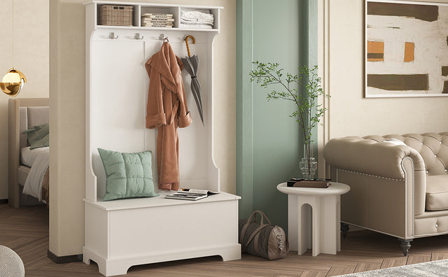 ON-TREND Hall Tree with 4 Hooks and Hinged Lid, Coat Hanger, Entryway Bench, Storage Bench, 3-in-1 Design, for Entrance, Hallway (White)
