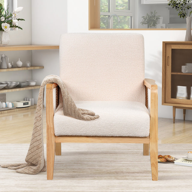 【EAT 3.10】Mid-Century Armchair Rattan Mesh Upholstered Accent Chair,Teddy Short Plush Particle Velvet Armchair for Living Room,Bedroom, Office, Studio,White