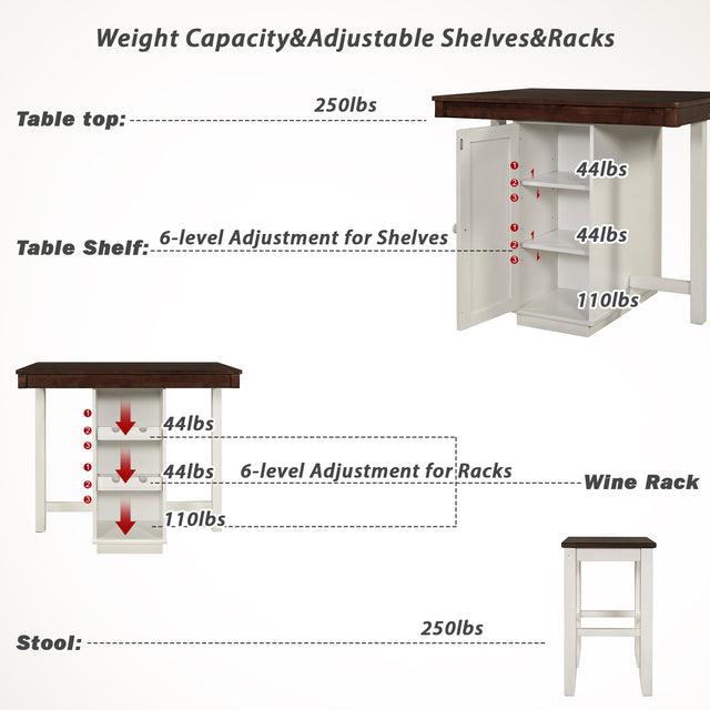 TOPMAX Farmhouse Counter Height Dining Table, Square Wood Table with 3-Tier Adjustable Storage Shelves and Wine Racks for Small Spaces, White
