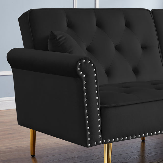 Modern Velvet Tufted Sofa Couch with 2 Pillows and Nailhead Trim, Loveseat Sofa Futon Sofa Bed with Metal Legs for Living Room.