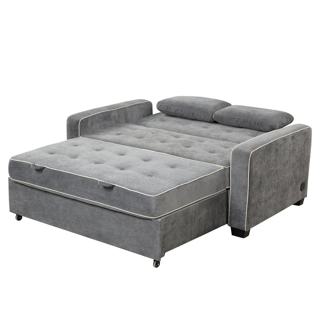 65.7" Linen Upholstered Sleeper , Pull Out Sofa Couch attached two throw pillows,Dual USB Charging Port and Adjustable Backrest for Living Room Space,Charcoal Gray