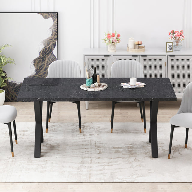 70.87"Modern Square Dining Table with Printed Black Marble Table Top+Black X-Shape Table Leg
