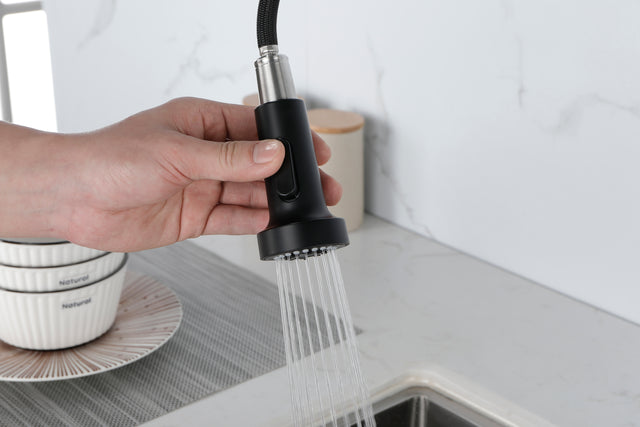 Commercial Spring Kitchen Faucets Matte Black with Pull Out Sprayer, Stainless Steel Single Handle One Hole Kitchen Sink Faucet, Industrial 3-Hole Sink Faucet for Camper Laundry Bar,