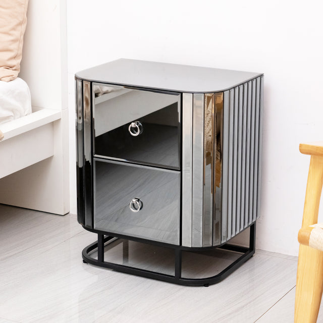 Mirrored Nightstand, Mirrored Bedside Table, Grey End Table for Bedroom, Living Room (Black Iron Frame)