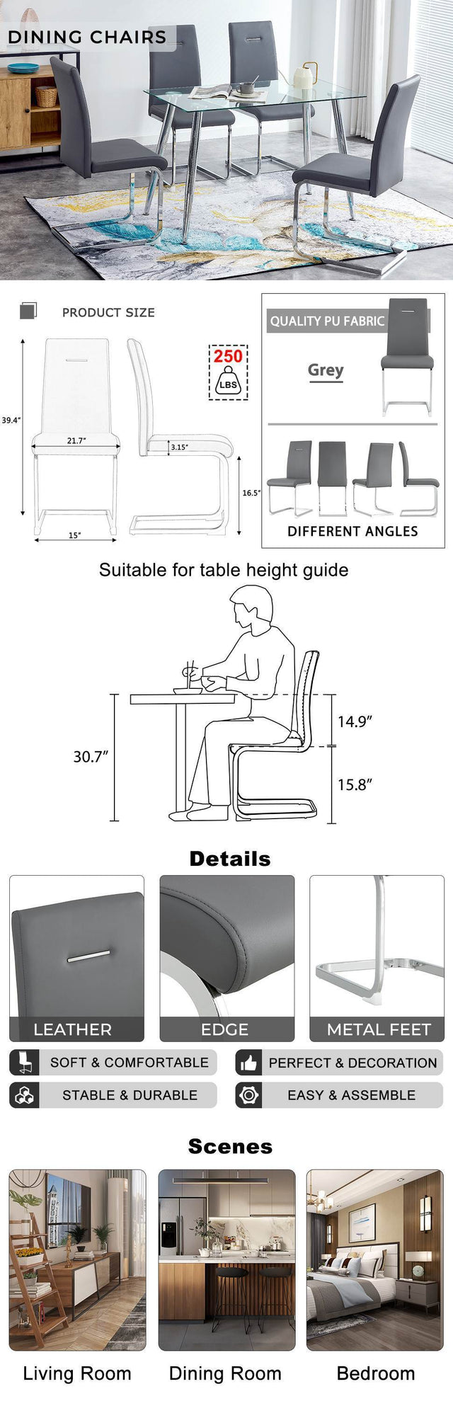 Modern Dining Chairs, PU Faux Leather High Back Upholstered Side Chair ,for Dining Room Kitchen Vanity Patio Club Guest Office Chair (Set of 4) (Grey+PU Leather)