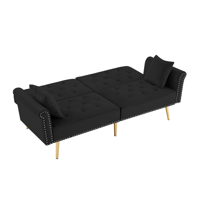 Modern Velvet Tufted Sofa Couch with 2 Pillows and Nailhead Trim, Loveseat Sofa Futon Sofa Bed with Metal Legs for Living Room.