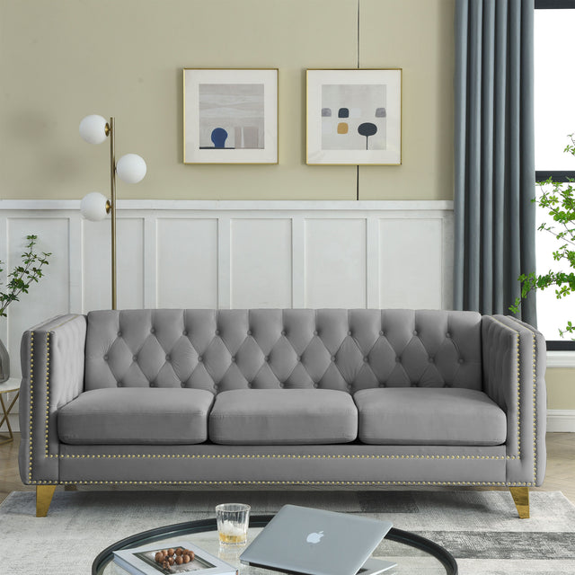 {Contact us for 3D modeling} Velvet Sofa for Living Room,Buttons Tufted Square Arm Couch, Modern Couch Upholstered Button and Metal Legs, Sofa Couch for Bedroom, Grey Velvet