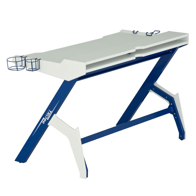 Techni Sport Ergonomic Computer Gaming Desk Workstation with Cupholder & Headphone Hook, Blue
