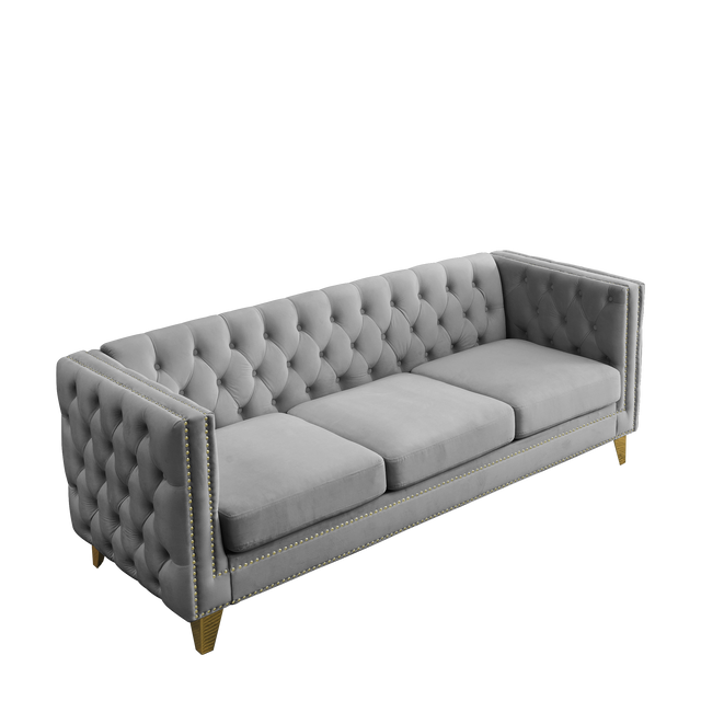 {Contact us for 3D modeling} Velvet Sofa for Living Room,Buttons Tufted Square Arm Couch, Modern Couch Upholstered Button and Metal Legs, Sofa Couch for Bedroom, Grey Velvet