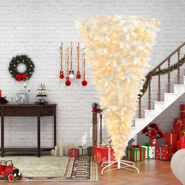 Upside Down White Christmas Tree, Xmas Tree with LED Warm White Lights, Reinforced Metal Base & Easy Assembly 6.6ft, w/1,200 Lush Branch Tips, 450 LED Lights X-mas