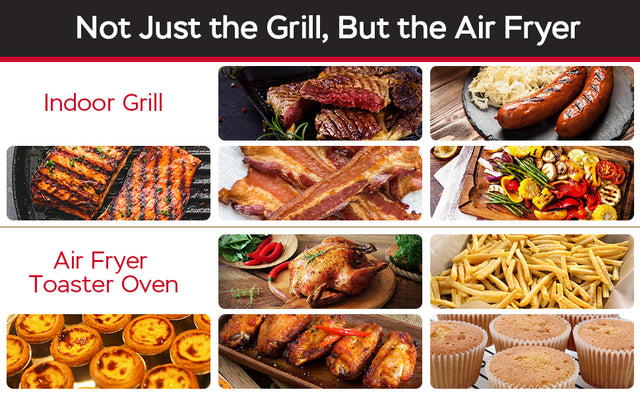 Geek Chef 7 In 1 Smokeless Electric Indoor Grill with Air Fry, Roast, Bake, Portable 2 in 1 Indoor Tabletop Grill & Griddle with Preset Function, Removable Non-Stick Plate, Air Fryer Basket, 6-Serving