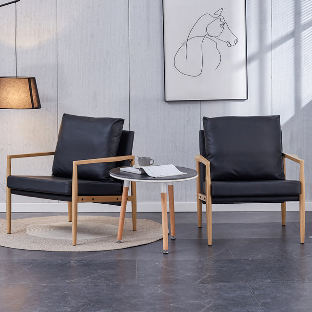Sofa Chair.Black PU Leather Accent Arm Chair Mid Century Modern Upholstered Armchair with Imitation solid wood color Metal Frame Padded Backrest and Seat Cushion Sofa Chairs for Living Room