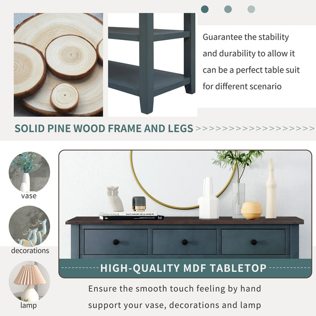 TREXM Retro Design Console Table with Two Open Shelves, Pine Solid Wood Frame and Legs for Living Room (Navy)