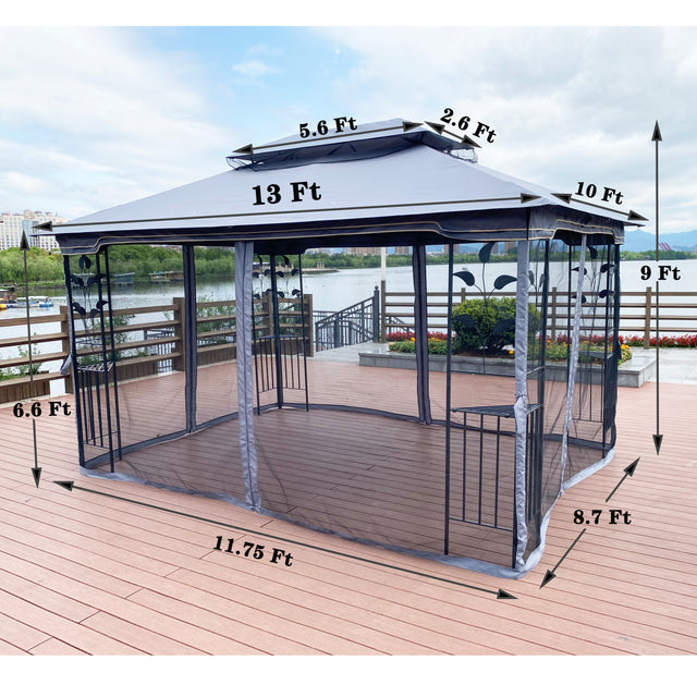 13x10 Outdoor Patio Gazebo Canopy Tent With Ventilated Double Roof And Mosquito net(Detachable Mesh Screen On All Sides),Suitable for Lawn, Garden, Backyard and Deck,Gray Top