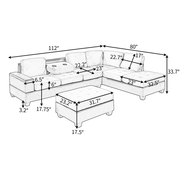 Orisfur. Modern Sectional Sofa with Reversible Chaise, L Shaped Couch Set with Storage Ottoman and Two Cup Holders for Living Room