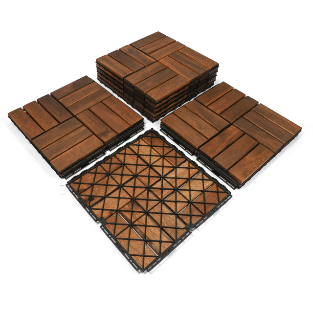 10 PCS Interlocking Deck Tiles Checker Pattern, 12" x 12" Square Acacia Hardwood Outdoor Flooring for Patio, Bancony, Pool Side,...