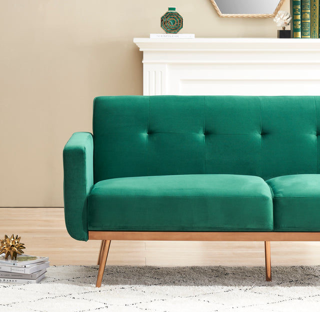 Modern green velvet sand living room sofa with midfoot and two throw pillows