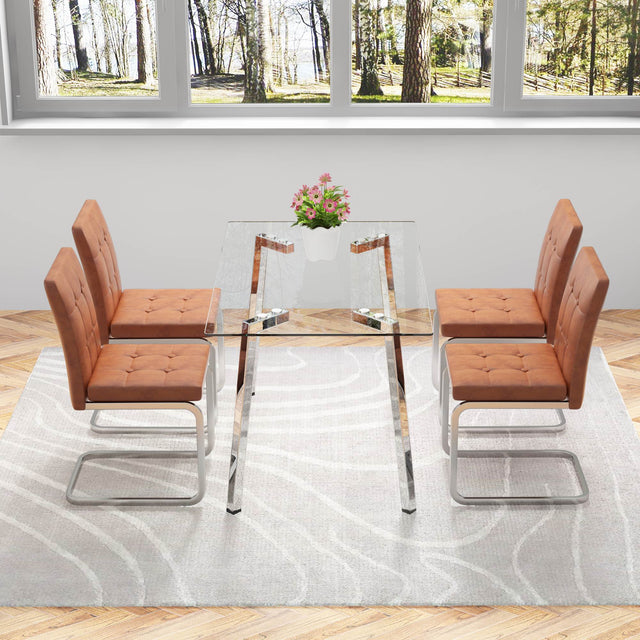 Glass Dining Table, Dining Chair set, 4 Brown Embedded Button Dining Chairs and 1 Dining Table .Table Size 51" W x 31"D x 30" H
