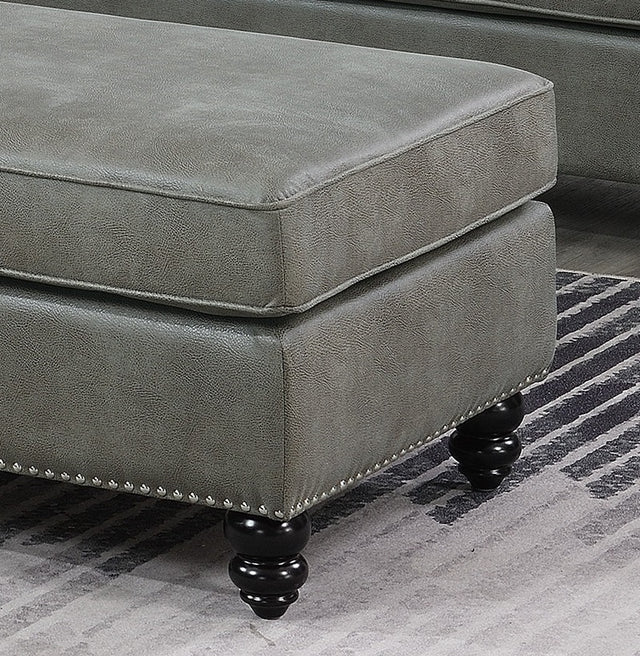 Living Room XL- Cocktail Ottoman Slate Grey Leatherette Accent Studding Trim Wooden Legs