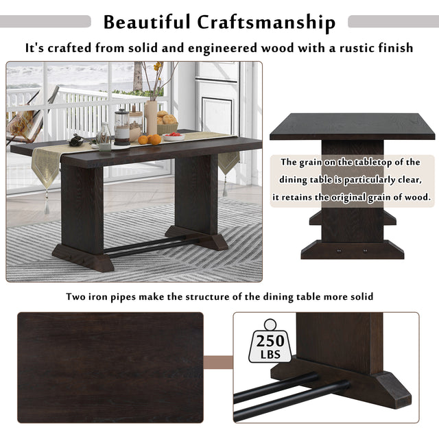 TREXM Farmhouse Wood Dining Table with Iron Pipes for 6 Person for Kitchen Dining Room (Espresso)