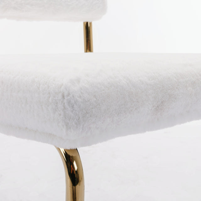 A&A Furniture,Modern Dining Chairs with Artificial Rabbit Hair,Gold Metal Base, Accent Armless Kitchen Chairs with Channel Tufting, Upholstered Fake Fur Fabric Side Chairs, Set of 2, White
