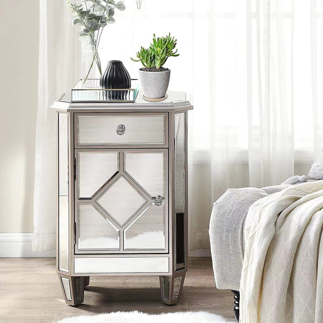 Champagne color mirror single pull single door small side cabinet, multi -function bedside cabinet