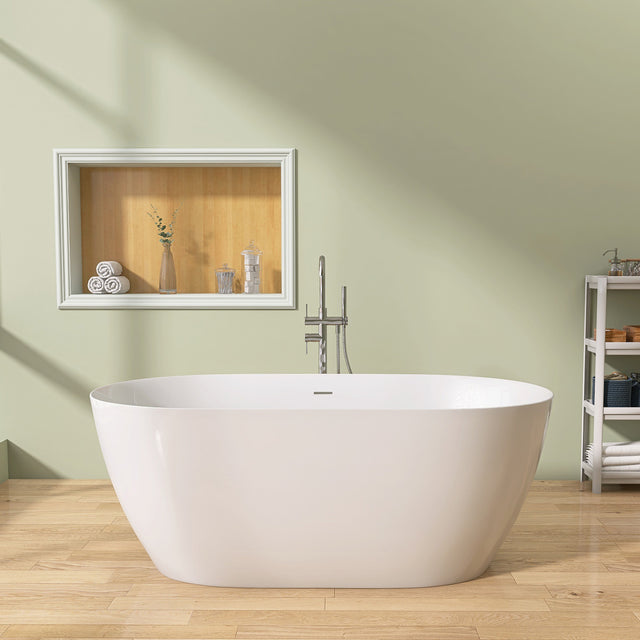 67" Acrylic Free Standing Tub - Classic Oval Shape Soaking Tub, Adjustable Freestanding Bathtub with Integrated Slotted Overflow and Chrome Pop-up Drain Anti-clogging Gloss White
