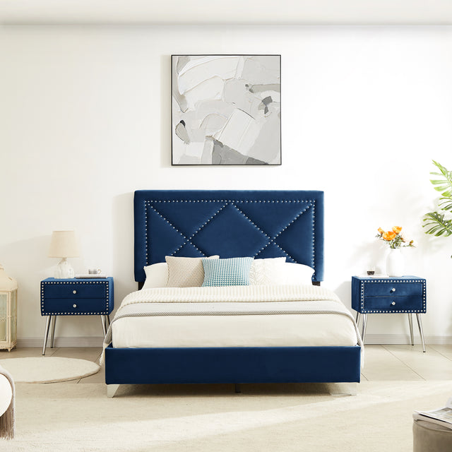 B109 Queen bed with two nightstands,Beautiful brass studs adorn the headboard, strong wooden slats + metal legs with Electroplate