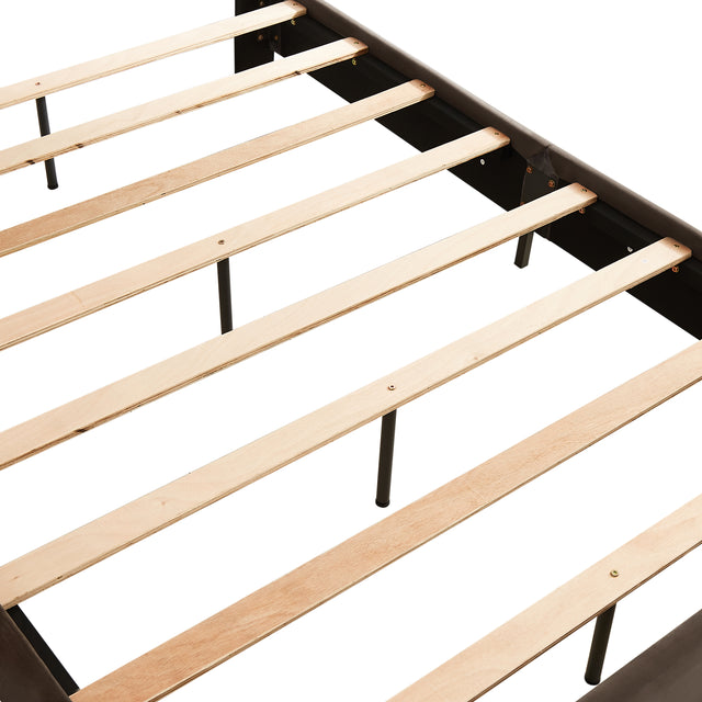 B109 Queen bed with one nightstand,Beautiful brass studs adorn the headboard, strong wooden slats + metal legs with Electroplate