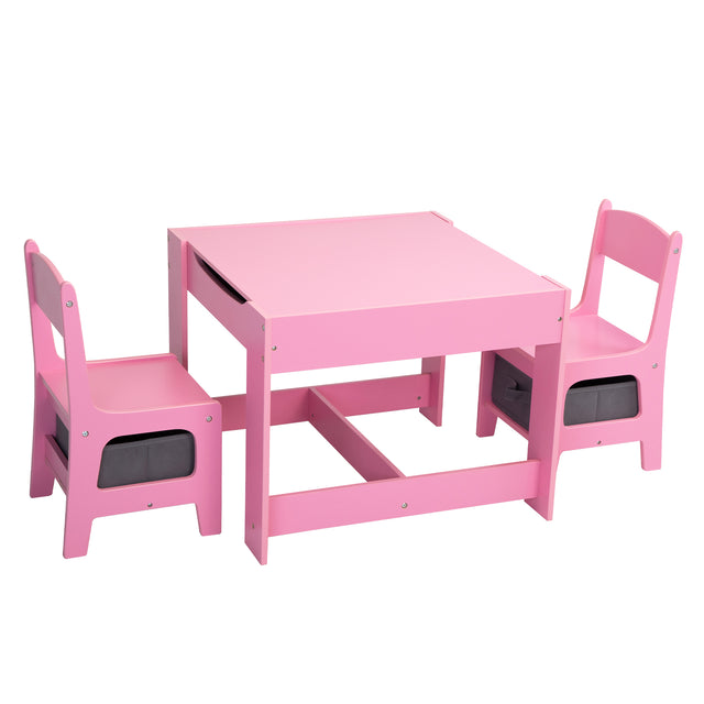 3-in-1 Kids Wood Table and 2 Chairs, Children Activity Table Set with Storage, Blackboard, Double-Sided Table for Drawing,Pink & Gray