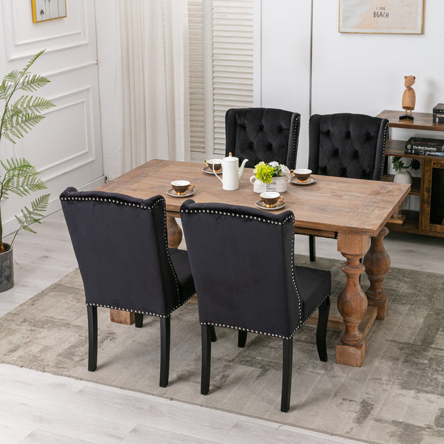 A&A Furniture,Wingback Dining Chair,Traditional Tufted Upholstered America Luxury Chairs, Country Cottage Farm Beach Dining Kitchen Vintage Style Side Chair, Velvet Fabric Wood, Set of 2,Black
