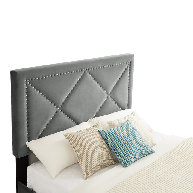 B109 Soft mattress with copper nail headboard, Queen bed, strong wooden slats + metal support feet, Gray Flannelette
