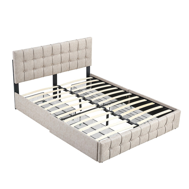 Upholstered Storage Bed Frame with 4 Drawers and Adjustable Headboard, Square Stitched Button Tech cloth, Platform Beds Frame with Wood Slat Support, No Box Spring Needed, Queen Size, Beige